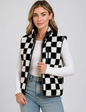 Ladies Color Block Checked Zipper Collar Sherpa Vest