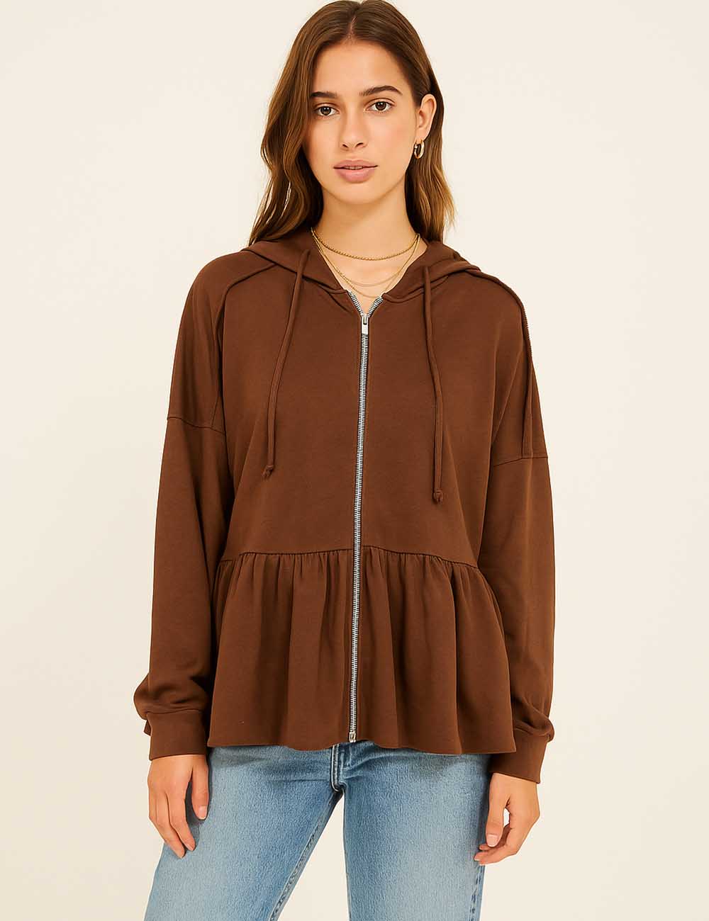 Ladies Ruffled Zipper Hoodie Drawstring Sweatshirt