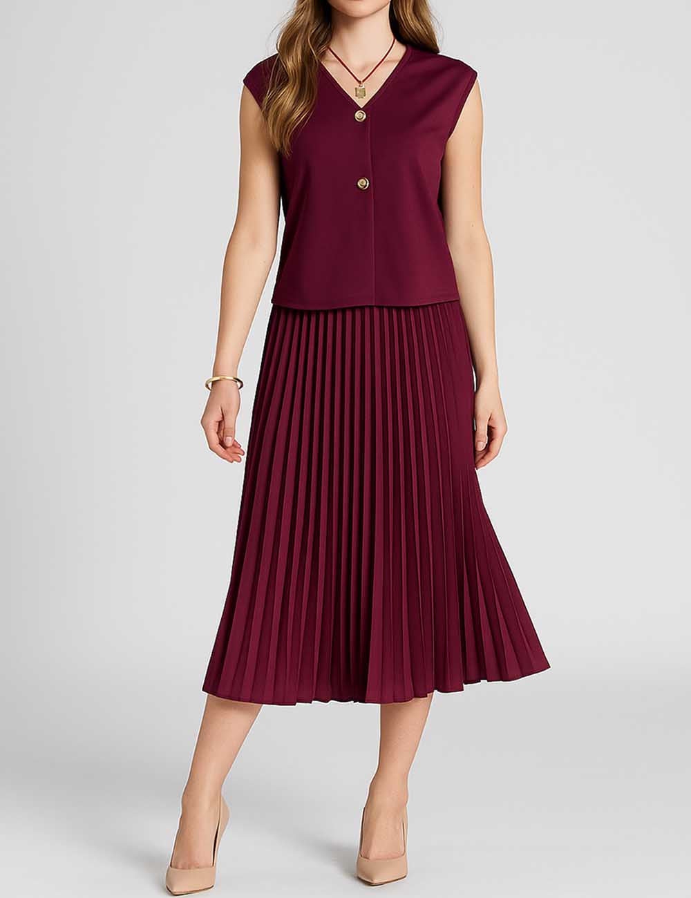 Ladies V-Neck Metal Button Knit Vest & Pleated Skirt 2PCS Set