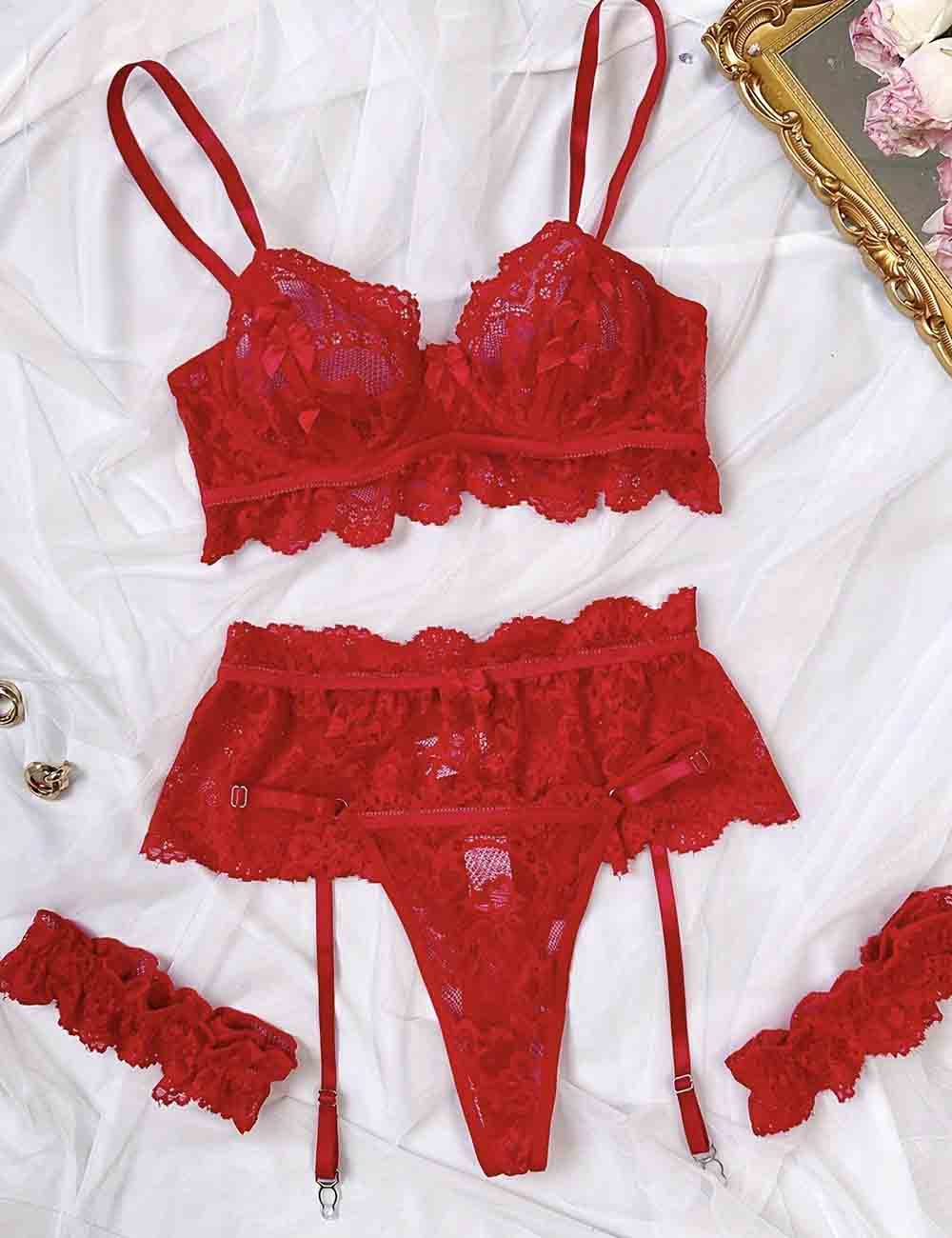 Ladies Floral Lace See Through 3PCS Lingerie Set 8HF1129