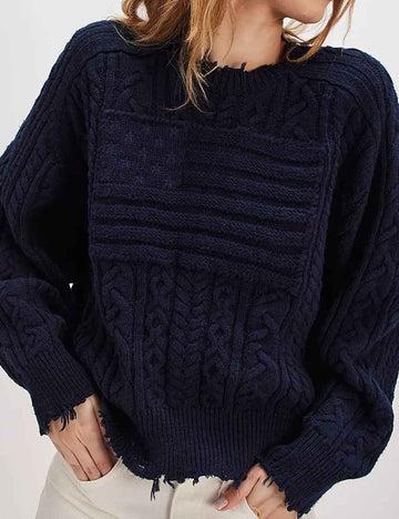 Ladies Solid Color Pullover Distressed Flag Chunky Sweater