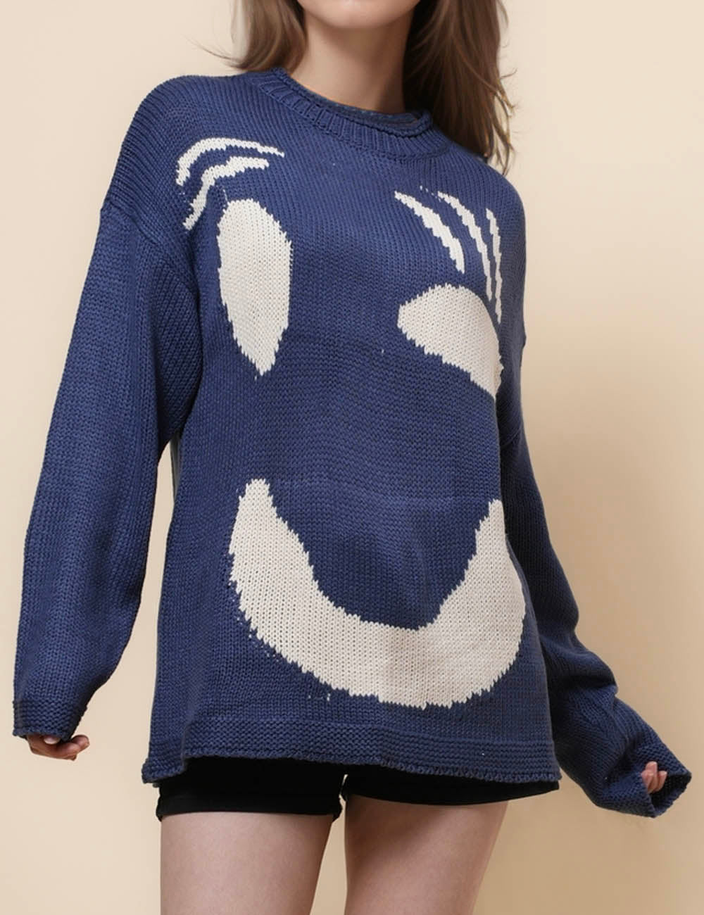 Ladies Color Block Smile Knit Relaxed Sweater SKT41164