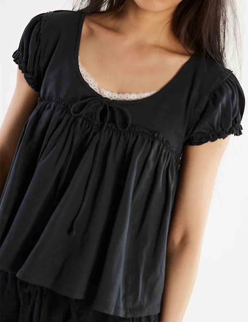 Ladies Solid Color Ruffle Puff Short Sleeves Babydoll Top