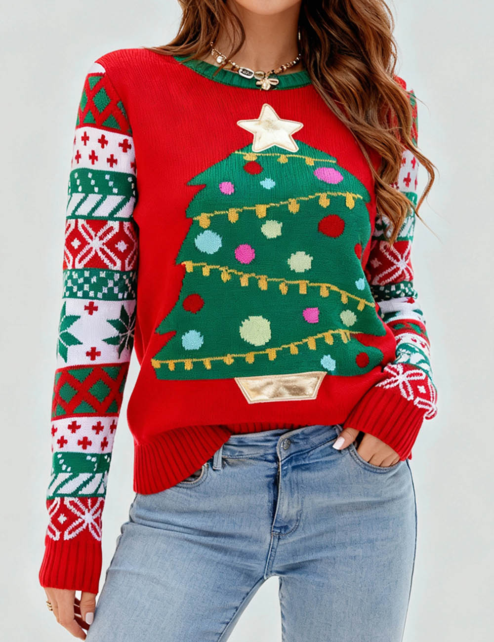 Ladies Holiday Round Neck Christmas Tree Knit Sweater