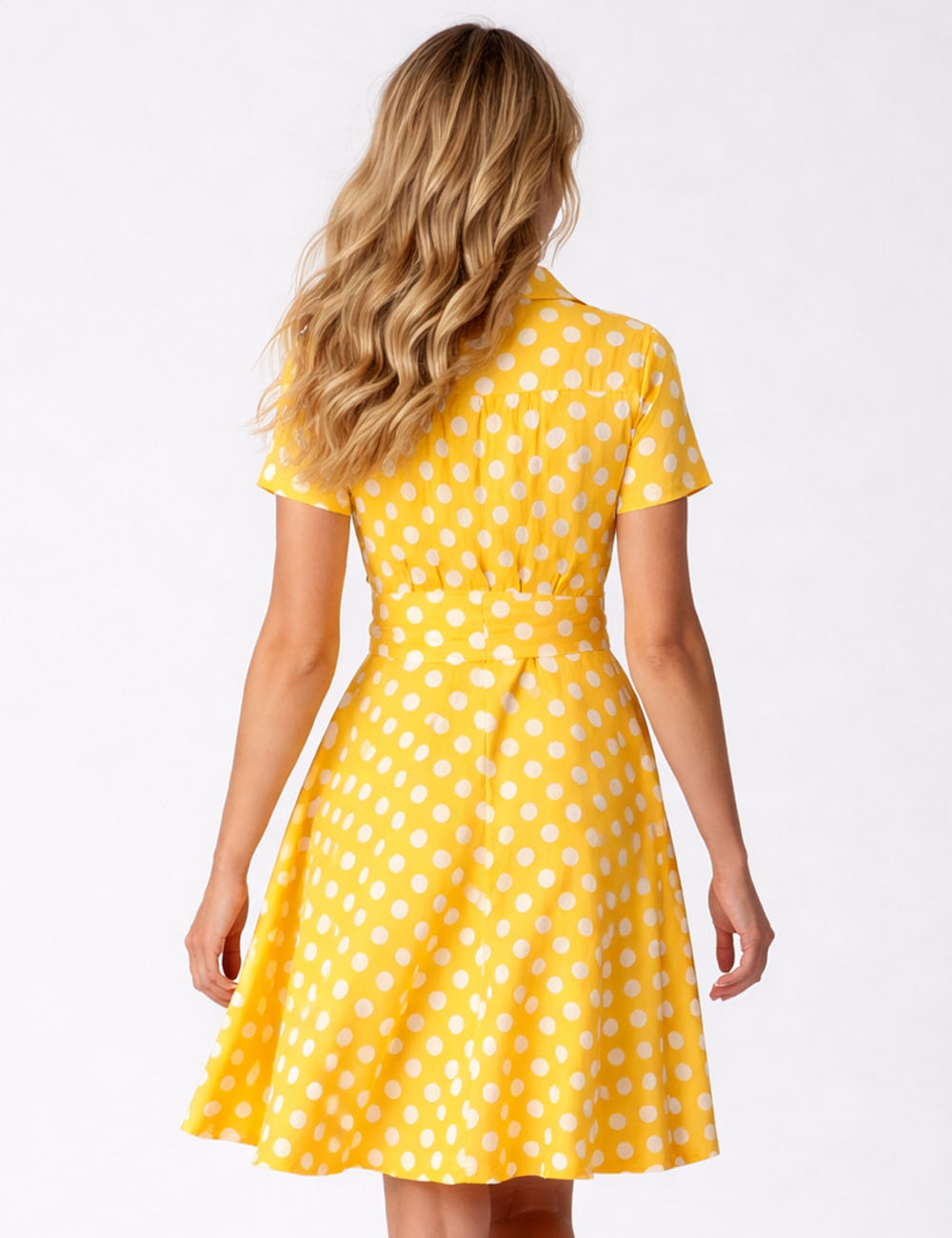 Ladies Chic Bow Tie Polka Dot Short Sleeves Midi Dress