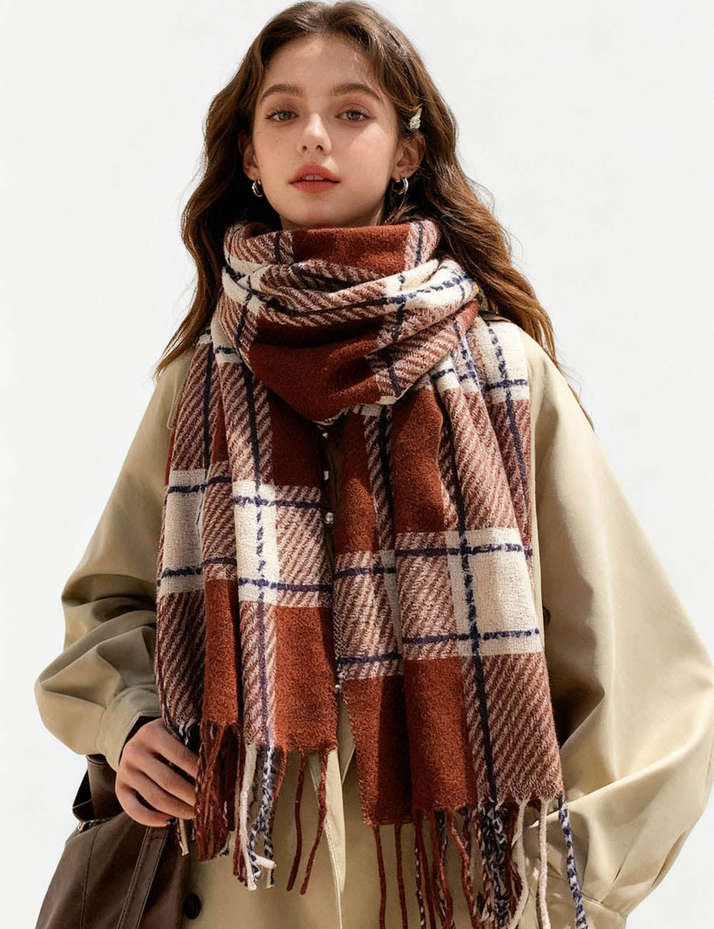 Ladies Vintage Cozy Checked Tassel Knit Scarf