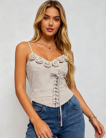 Lace 3D Floral Corset Cross Lace-Up Cami Top