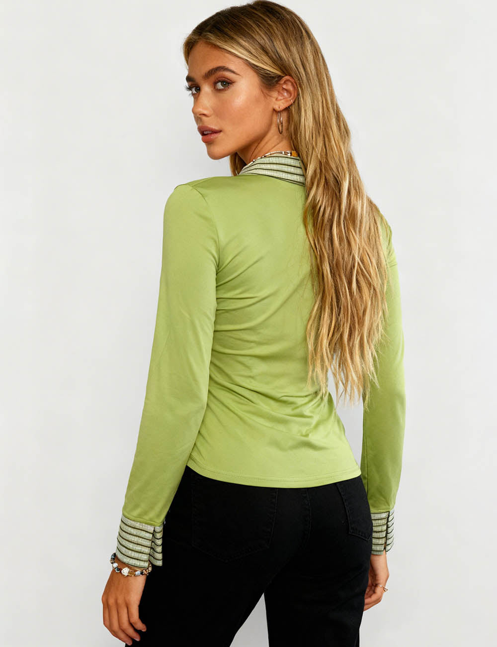 Ladies Striped Lapel Collar Button Long Sleeves Top