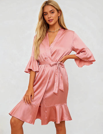 Ladies Satin Wrap V-Neck Side Tie Ruffle Nightdress