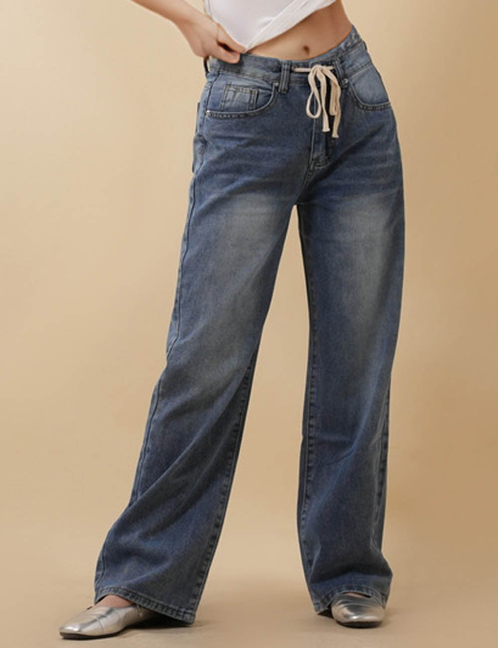 Ladies Drawstring Pocket Wide Leg Denim Pants
