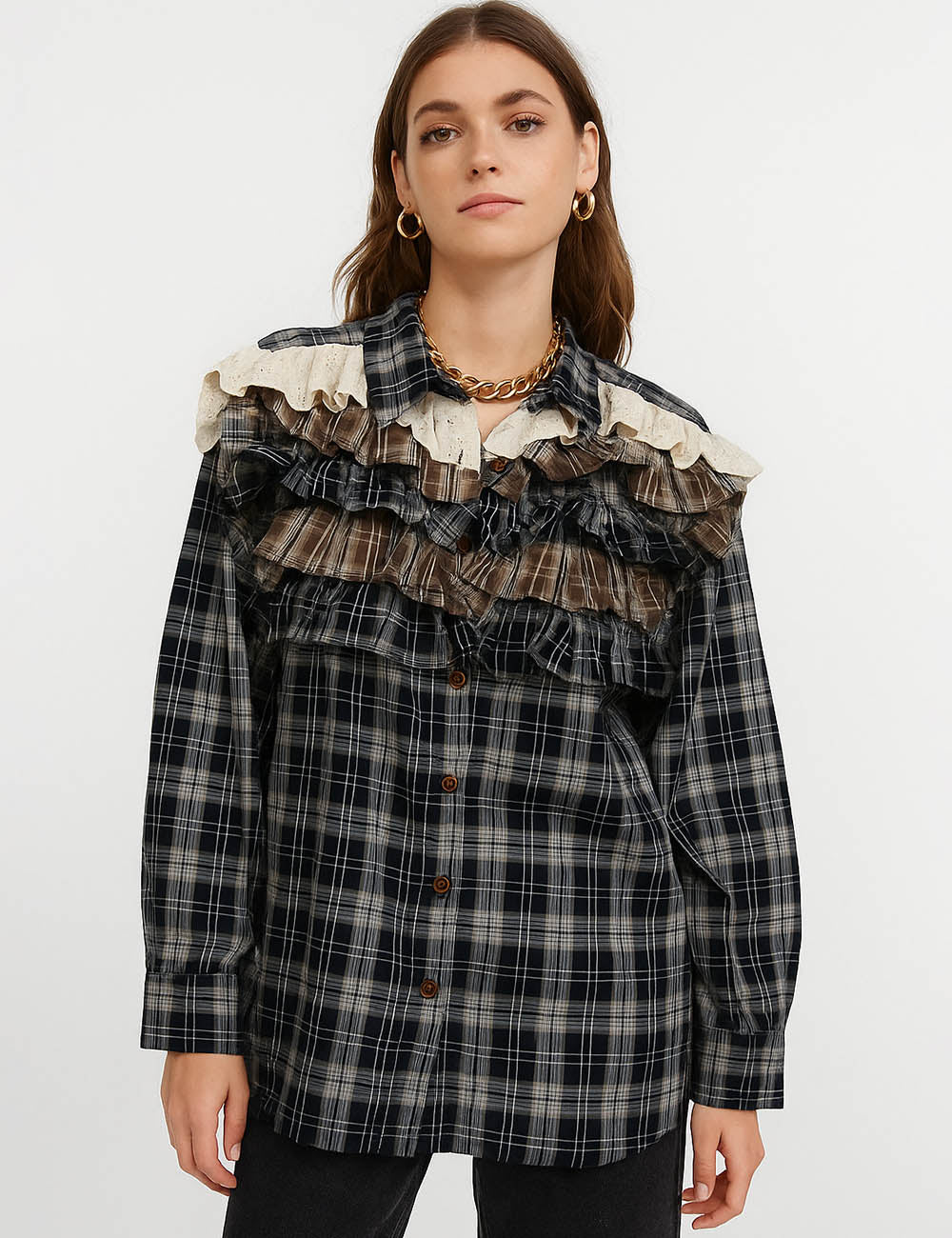 Ladies Plaid Print Tiered Ruffle Trim Button Down Shirt