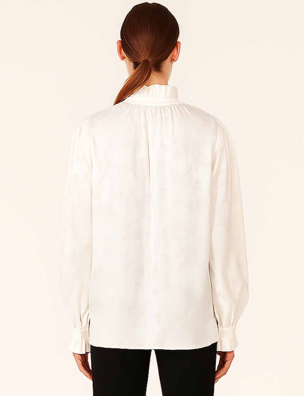 Ladies Floral Ruffle Stand Collar Tie Front Button Blouse