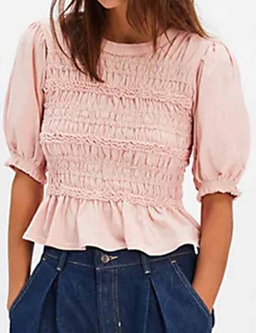 Ladies Lace Ruffle Smocked Bodice Puff Short Sleeves Top