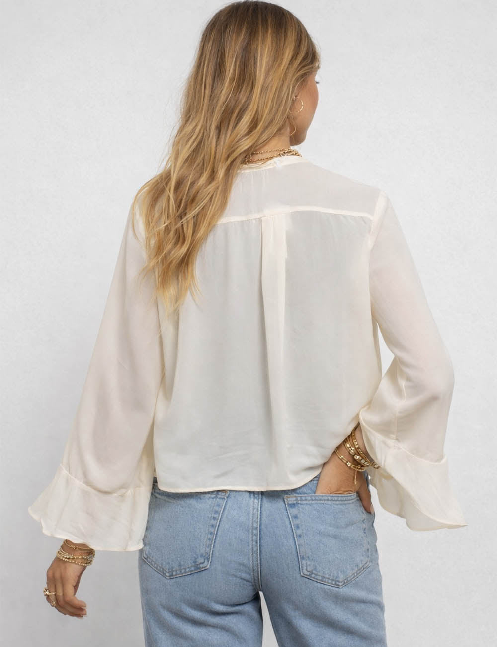 Ladies Chic Chiffon Sheer Ruffle Bow Tie Flared Sleeves Blouse