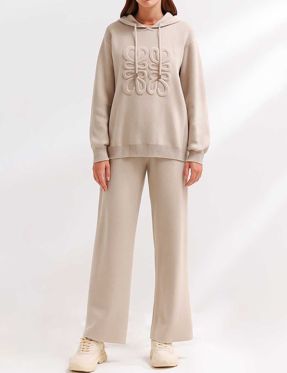 Ladies Jacquard Knit Hoodie Wide Leg Sweatshirt & Pants Set