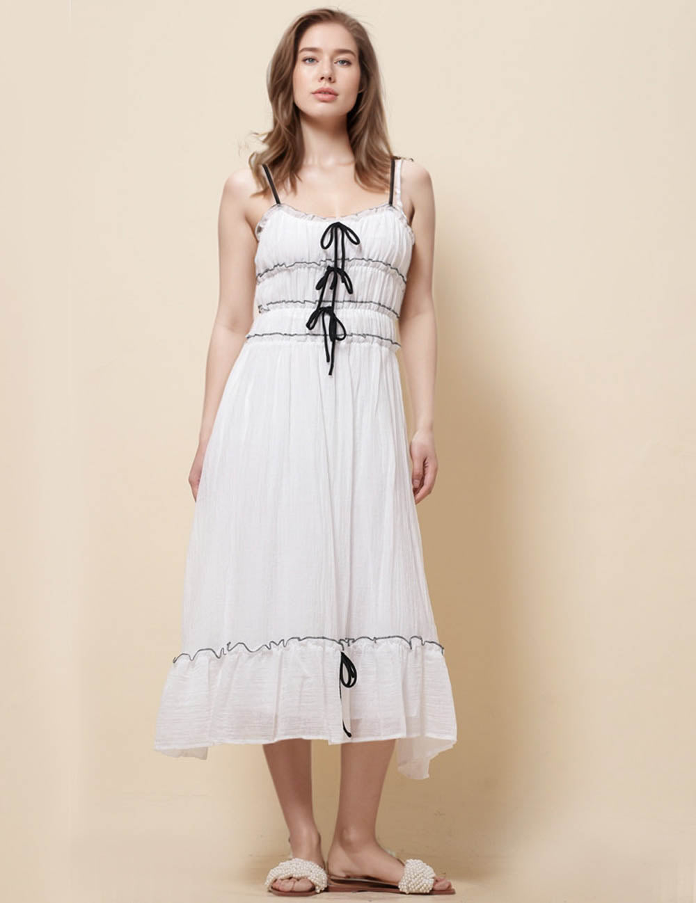 Ladies String Tie Sleeveless Color Block Midi Dress SKD51204