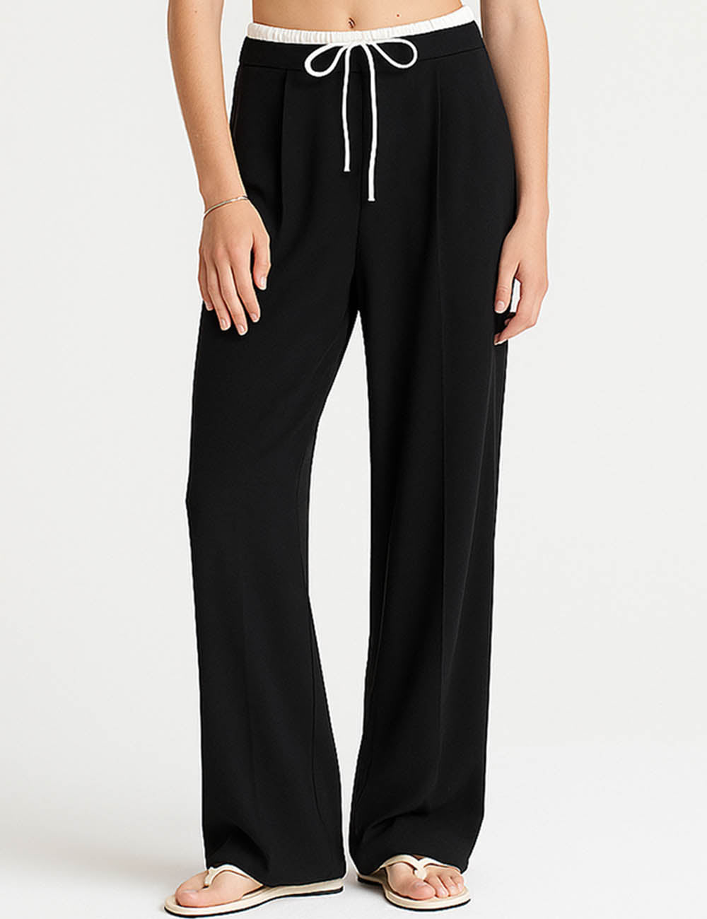 Ladies Color Block Elastic Waist Drawstring Wide Leg Pants