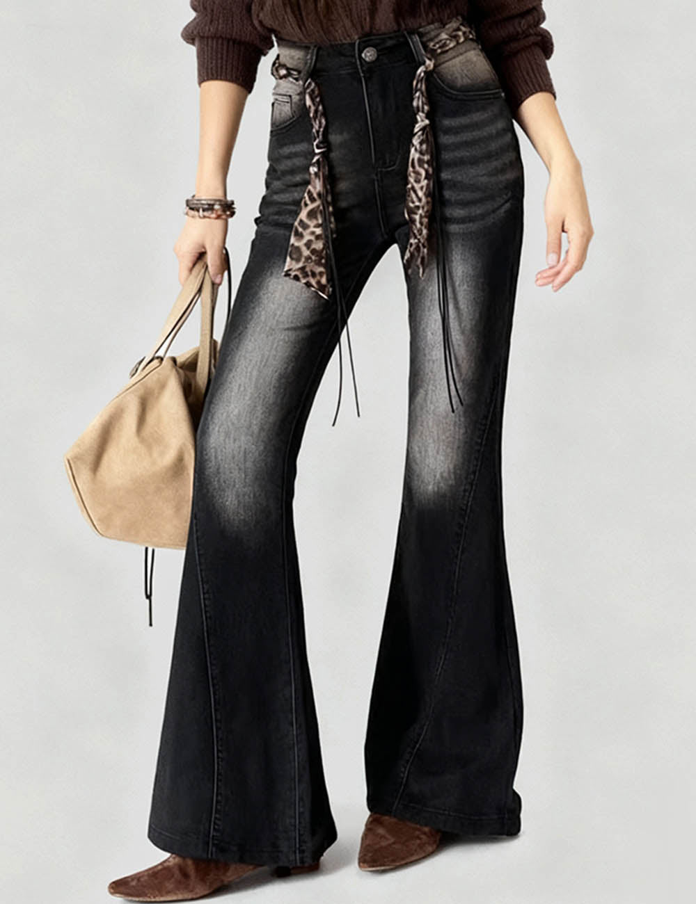 Ladies Vintage Jeans Fleece Lining Flared Leg Denim Pants