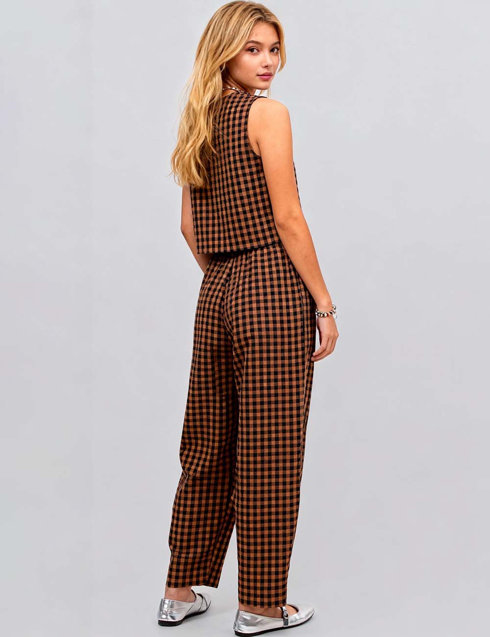 Ladies Plaid Color Block Top Pants 2PCS Set SKST41122