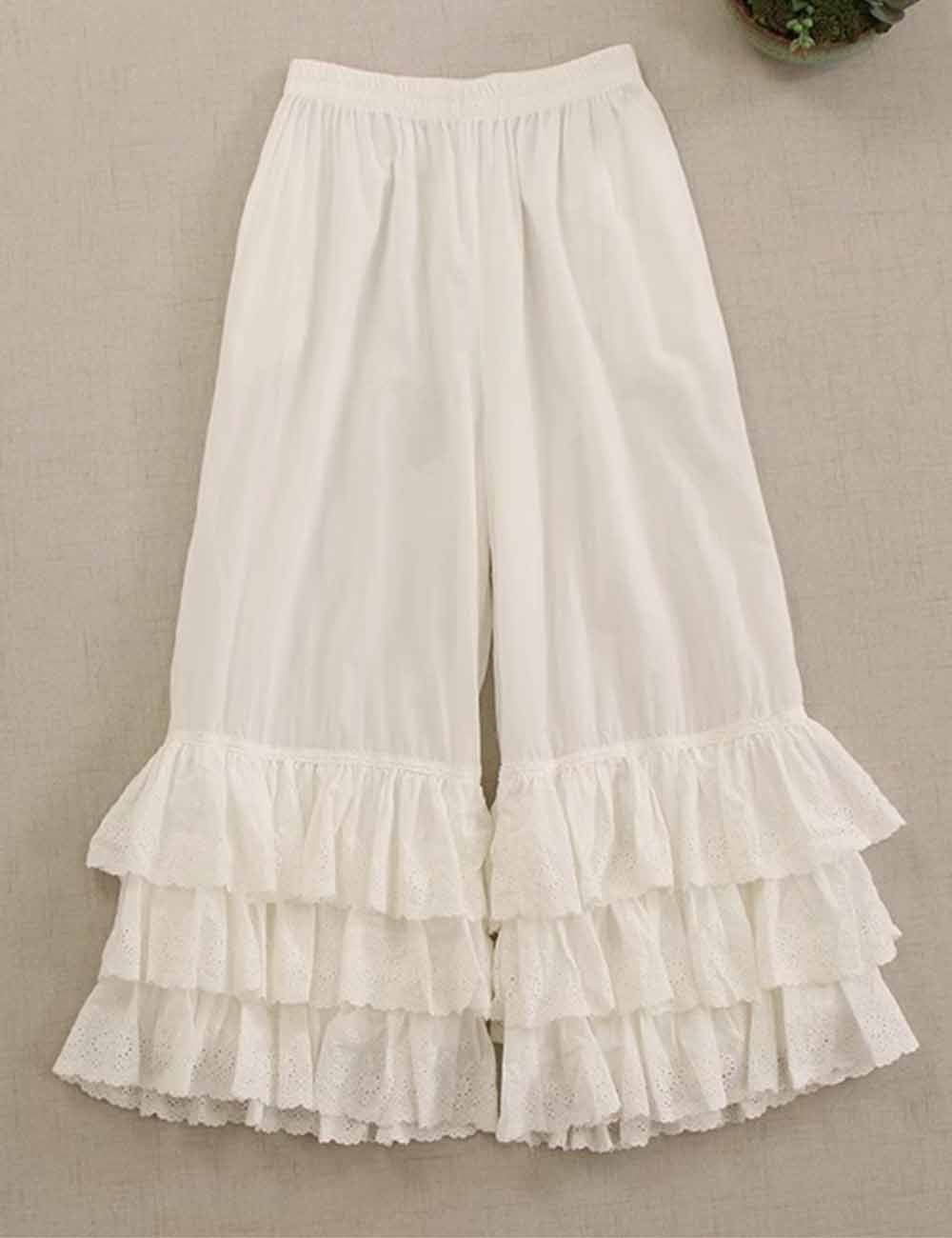 Ladies Solid Color Elastic Waist Pull -On Tiered Ruffle Pants