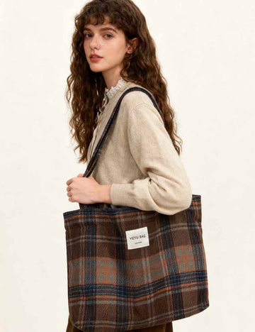 Ladies Vintage Plaid Shoulder Tote Bag