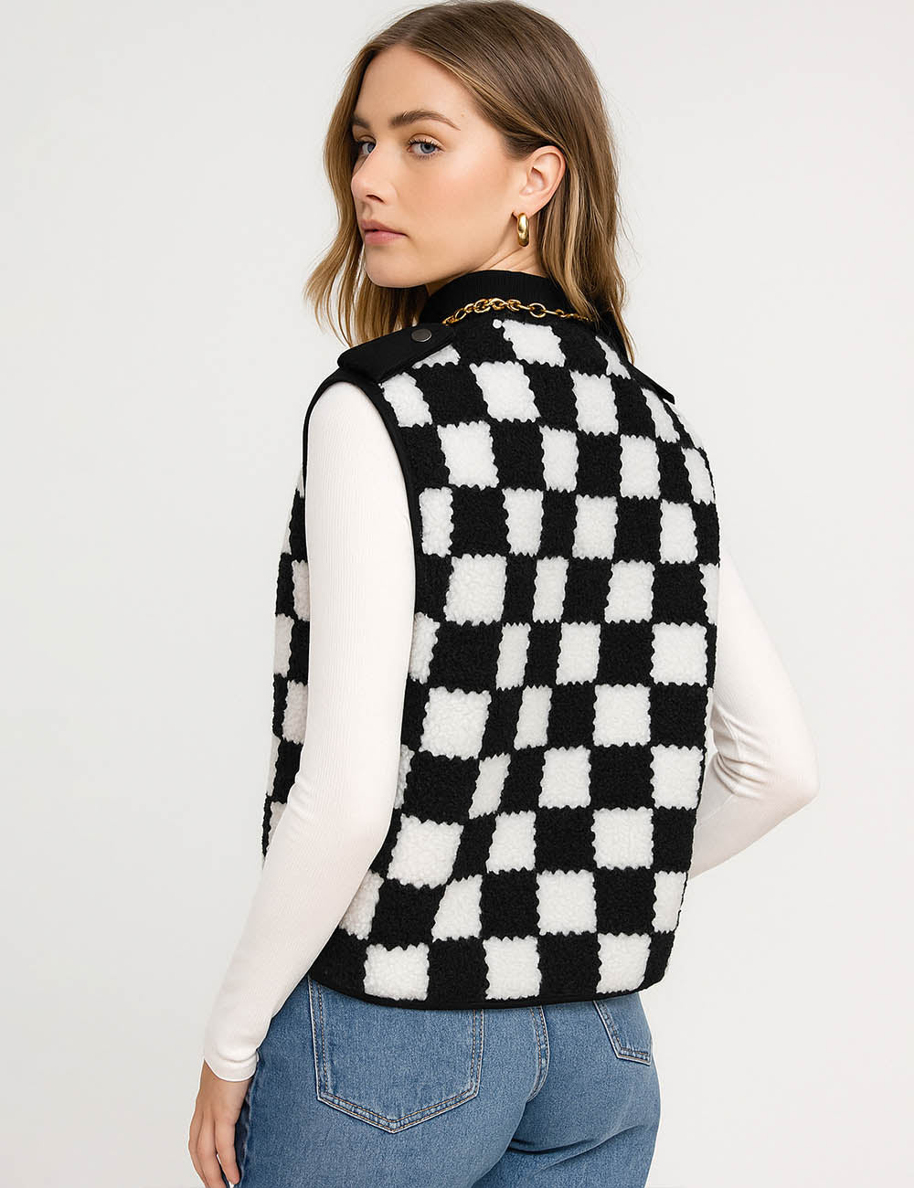 Ladies Color Block Checked Zipper Collar Sherpa Vest