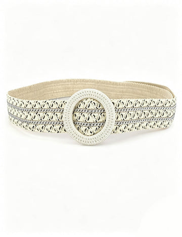 Ladies Boho Straw Woven Round Buckle Elastic Waist Belt
