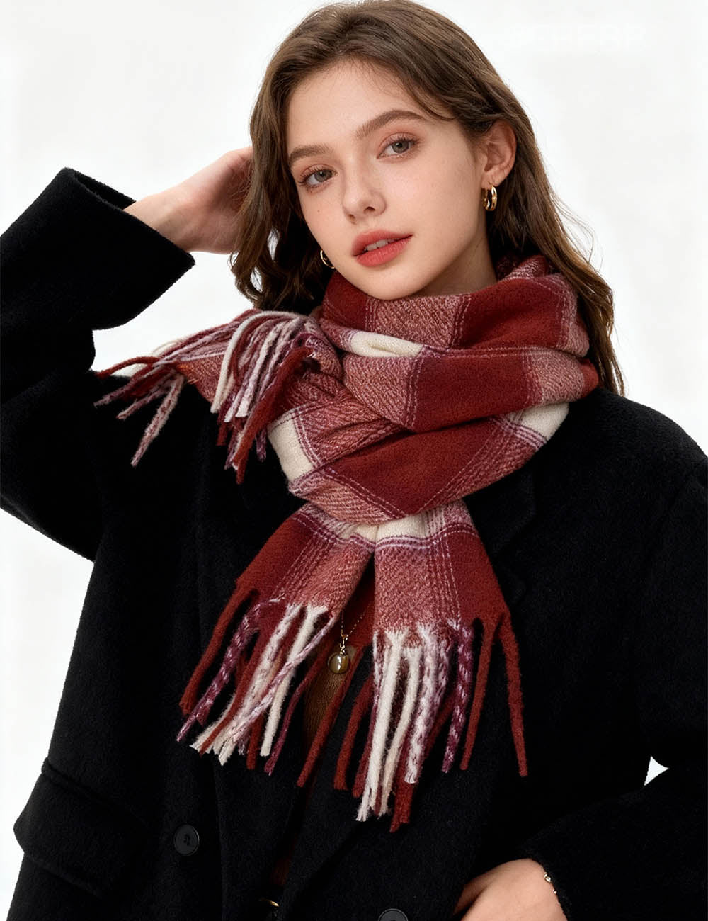 Ladies Color Block Checked Fringe Knit Scarf