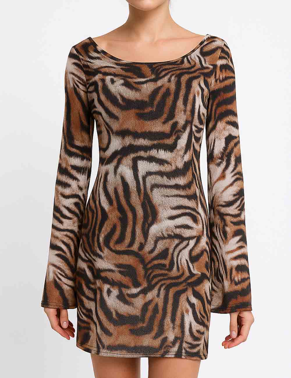 Ladies Tiger Striped Round Neck Scoop Back Mesh Mini Dress
