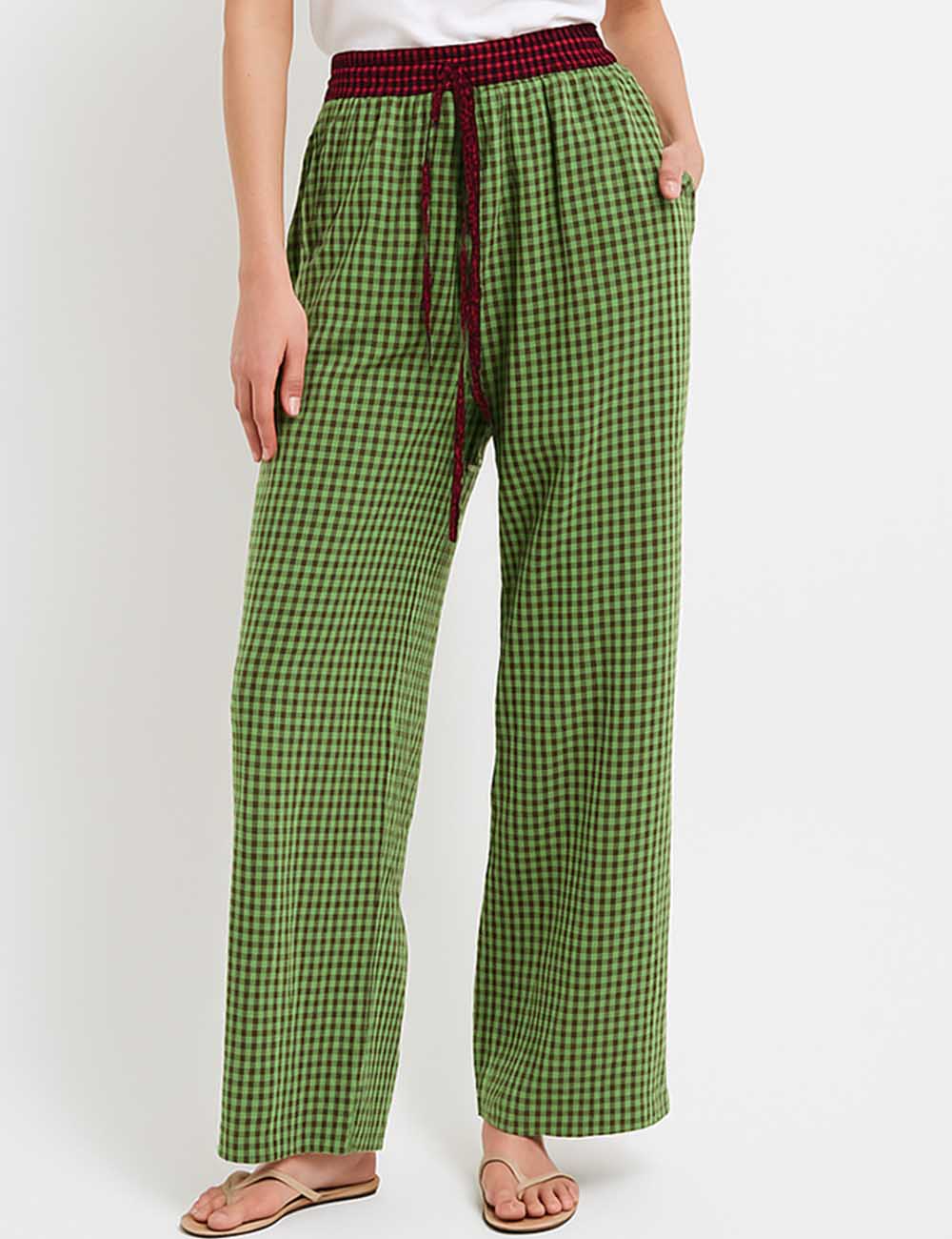 Ladies Multicolor Checked Elastic Waist Tie Wide Leg Pants