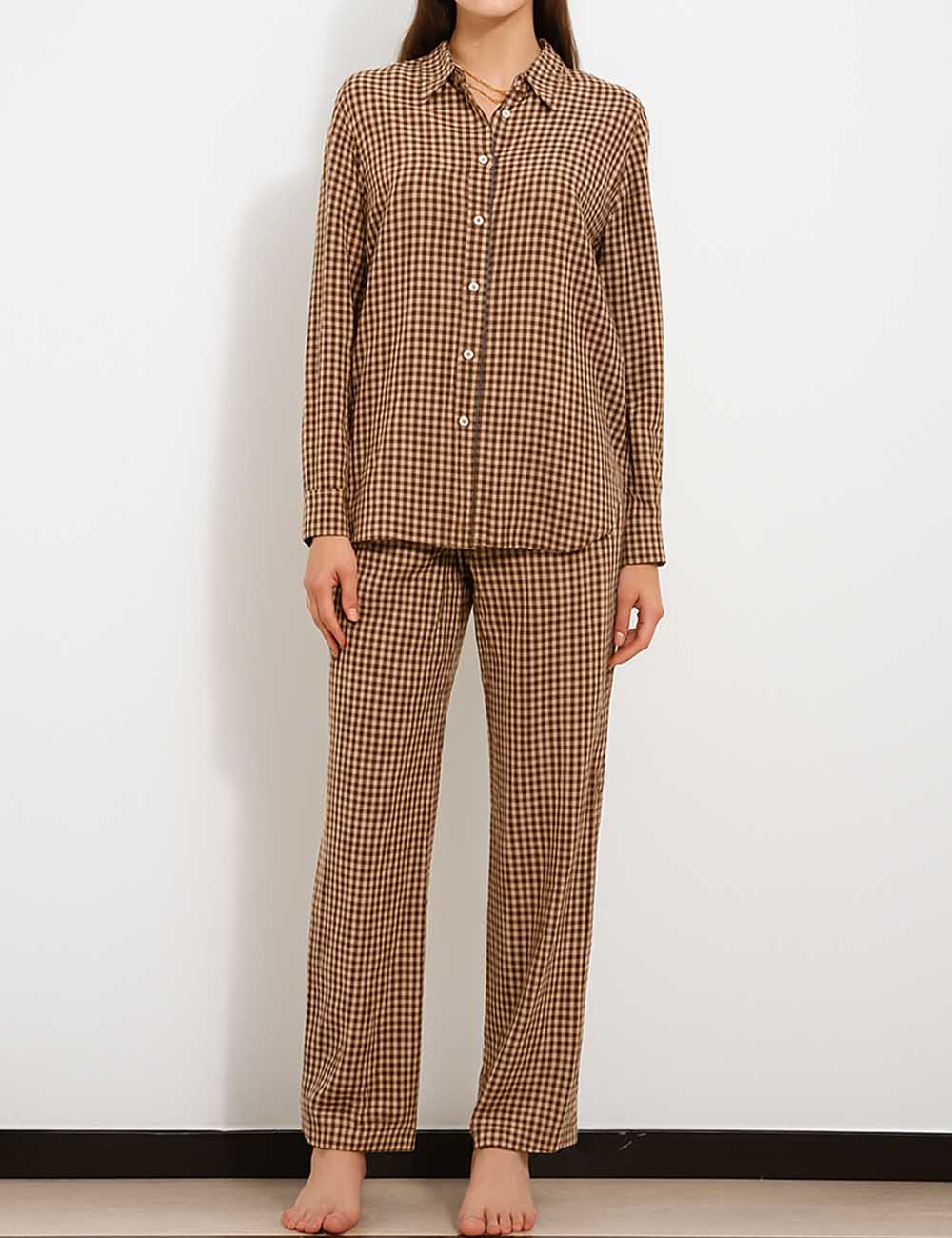 Ladies Checked Turndown Collar Wide Leg Top & Pants Set