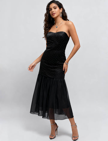 Ladies Rhinestone Sheer Chiffon Hem Satin Tube Midi Dress