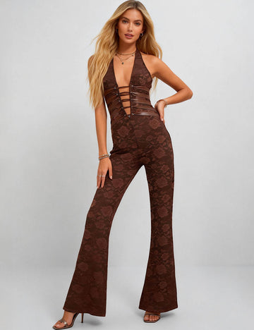 Ladies Lace Deep V Halter Neck Cross-Back Lace-Up Jumpsuit