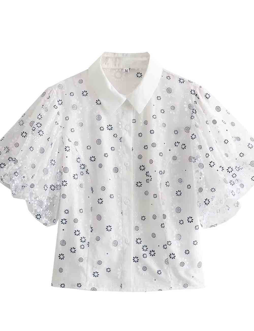 Ladies Button Down Floral Print Short Puff Sleeves Shirt