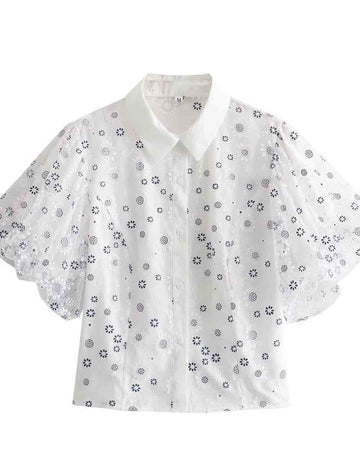 Ladies Button Down Floral Print Short Puff Sleeves Shirt