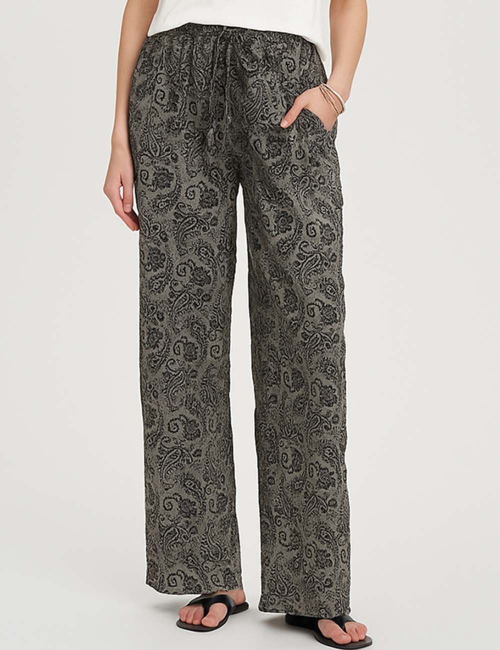 Ladies Abstract Print Elastic Waist Wide Leg Pants