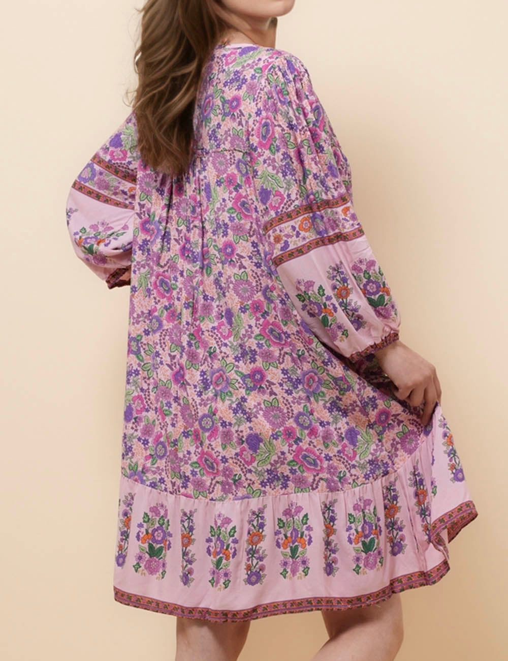 Ladies V-Neck Midi Sleeves Floral Print Mini Dress SKD51093