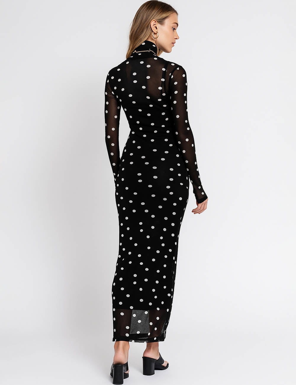 Ladies Polka Dot Slip Lining Sheer Mesh Maxi Dress
