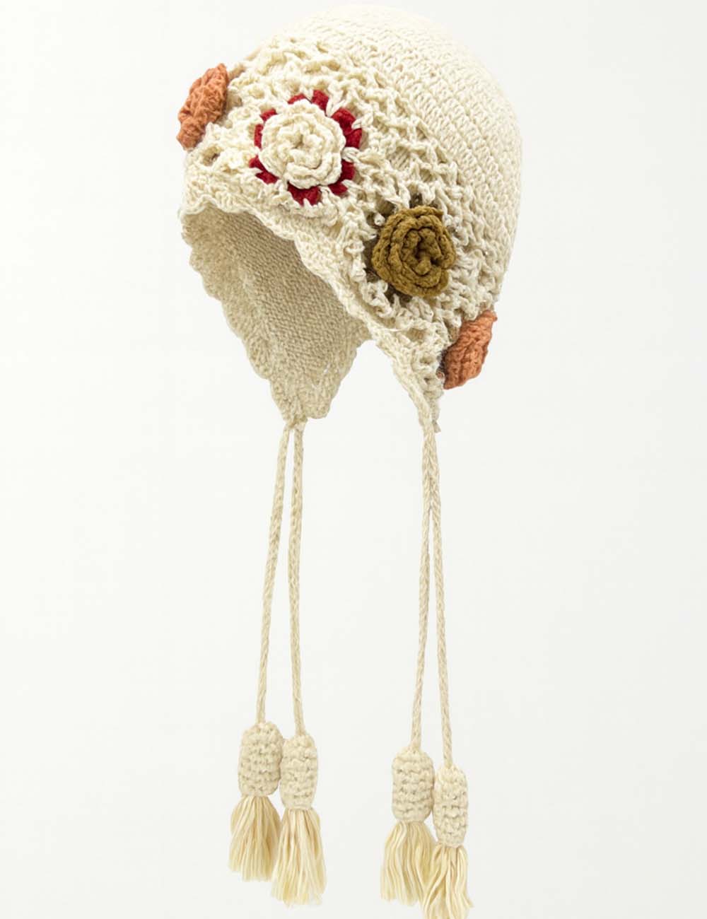 Ladies 3D Floral Crochet Knit Hollow Out Tassel Hat