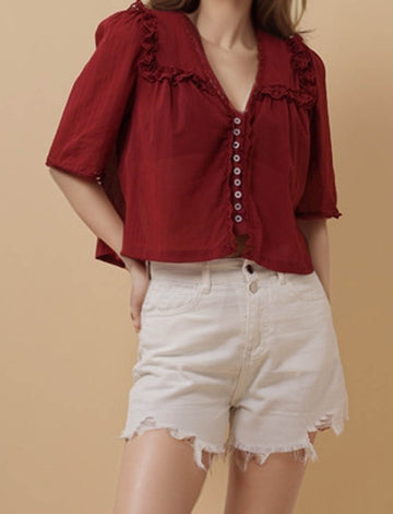 Ladies Peter Pan Collar Lace Ruffle Short Sleeves Blouse SKT51346