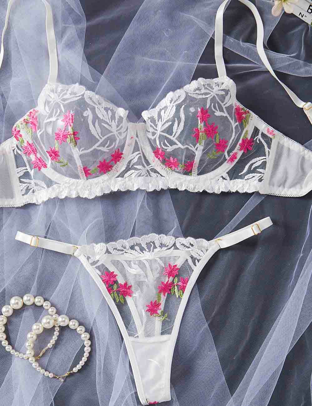 Ladies Floral Embroidery See Through 2PCS Lingerie Set 8HF4253
