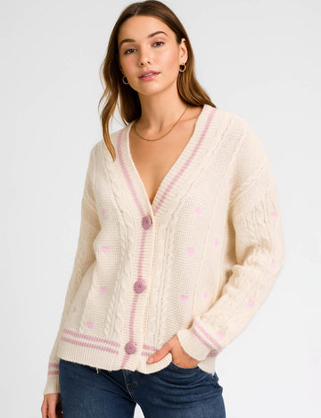 Ladies Color Block V-Neck Heart Embroidery Button Cardigan