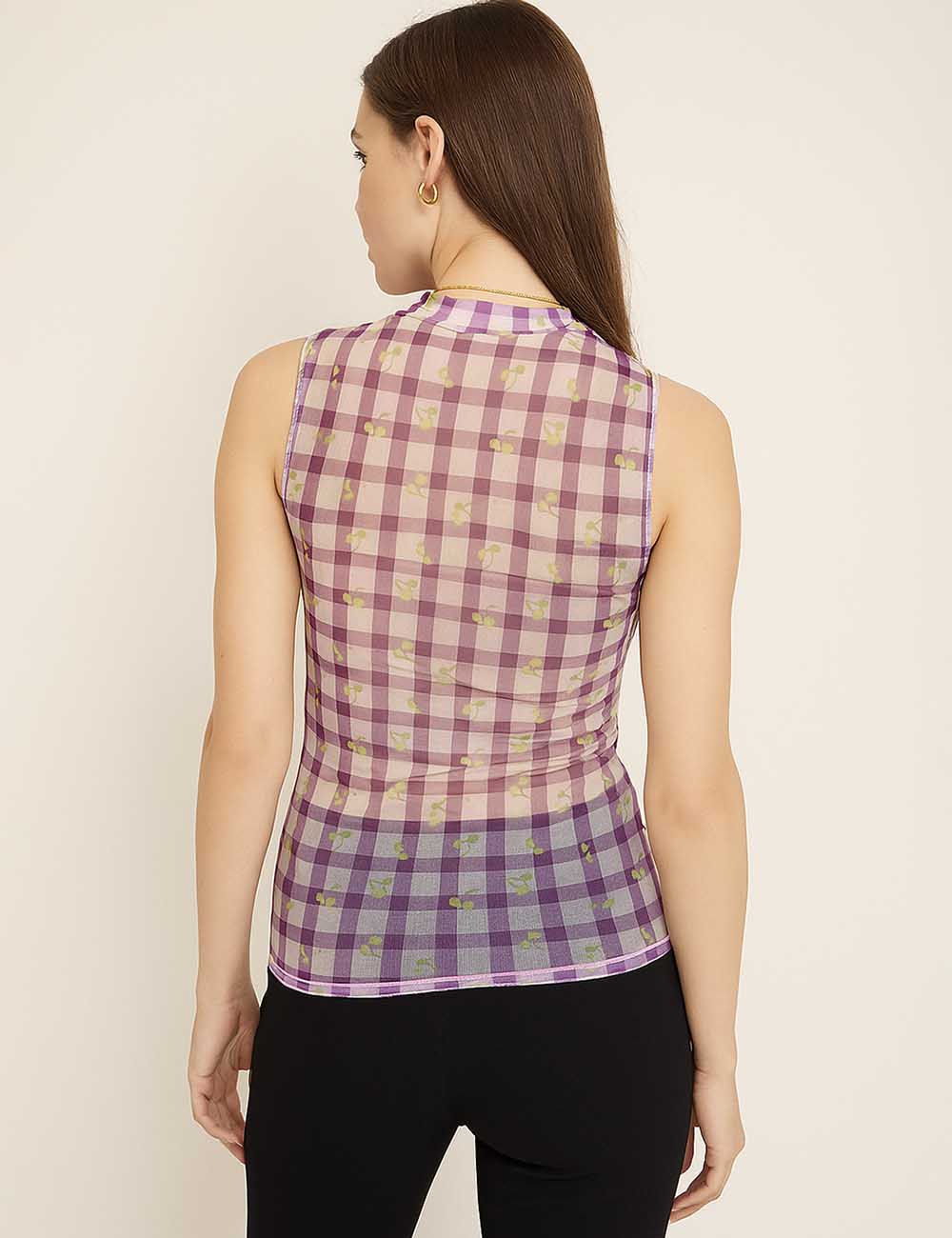 Women Sleeveless Mesh Tank Top Checked See Sheer Top