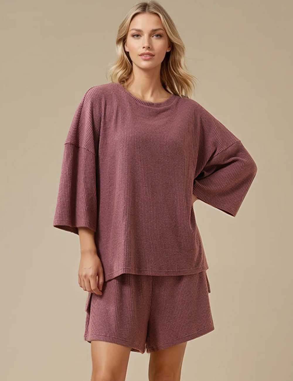 Ladies Ribbed Round Neck Short Sleeves Top & Shorts Set