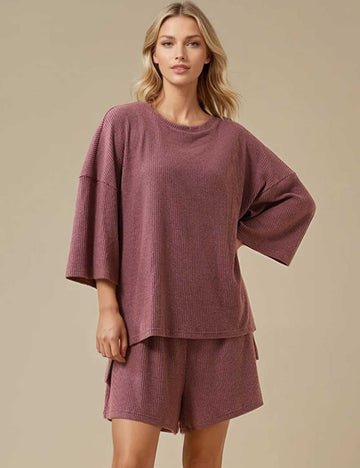 Ladies Ribbed Round Neck Short Sleeves Top & Shorts Set