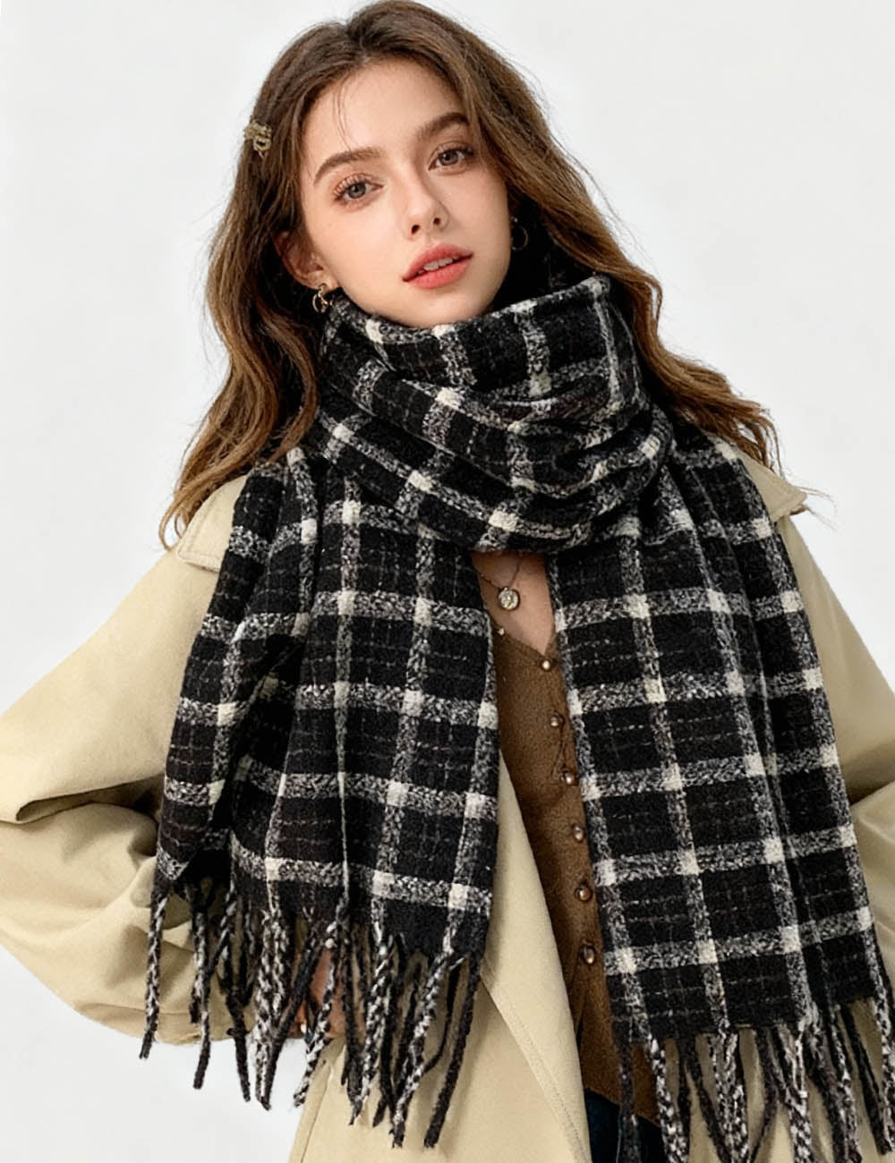 Ladies Christmas Vintage Plaid Tassel Holiday Knit Scarf