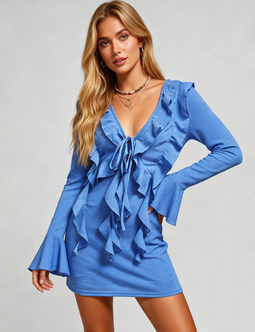 Ladies Ruffle V-Neck Tie Front Flared Sleeves Mini Dress