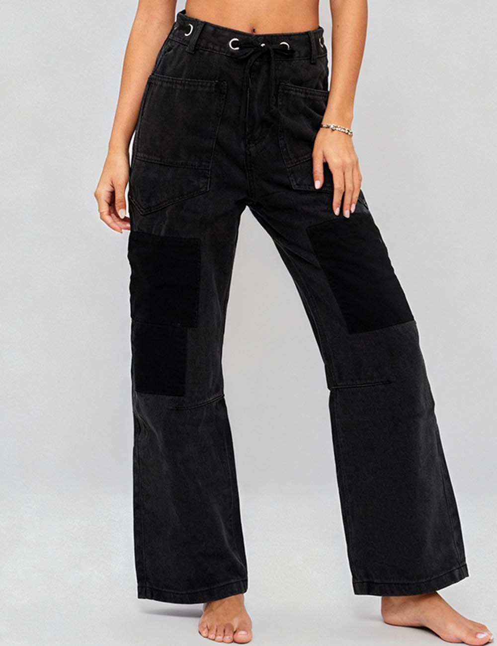 Ladies Patch Pocket Drawstring Wide Leg Pants