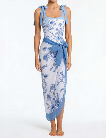 Ladies Floral Print One Piece Swimsuit with Wrap Tie Sarong