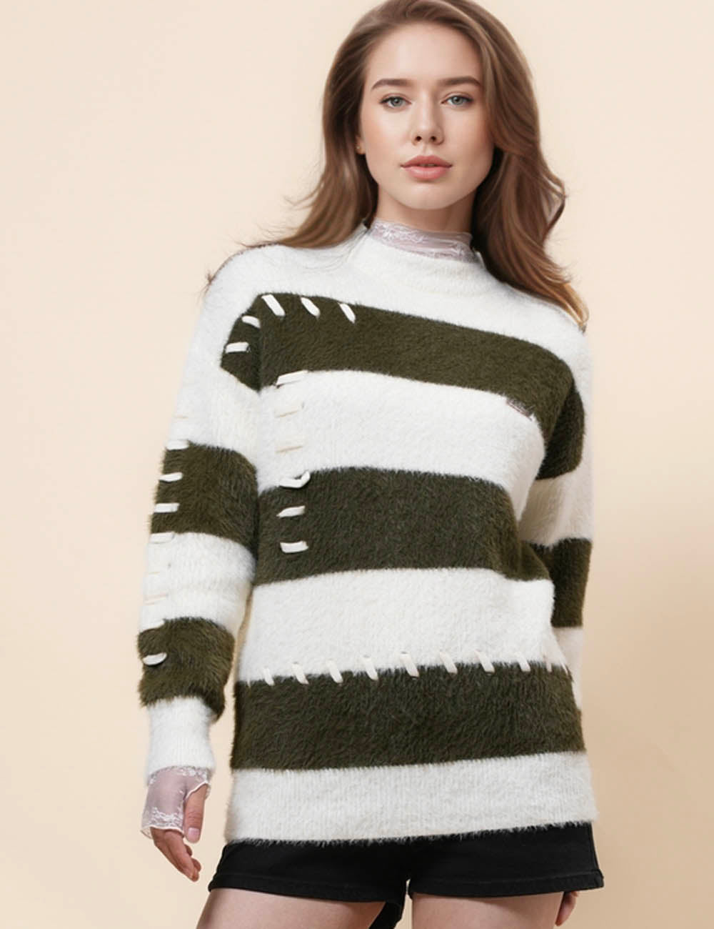 Ladies Faux Mink Color Block Striped Sweater SKT41056